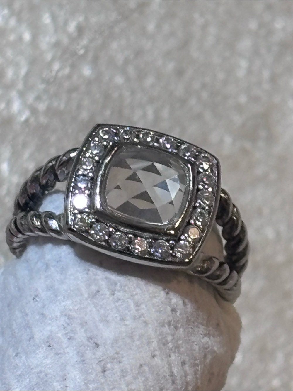 David Yurman Silver Cushion-Cut Halo Ring with Twisted Rope Band